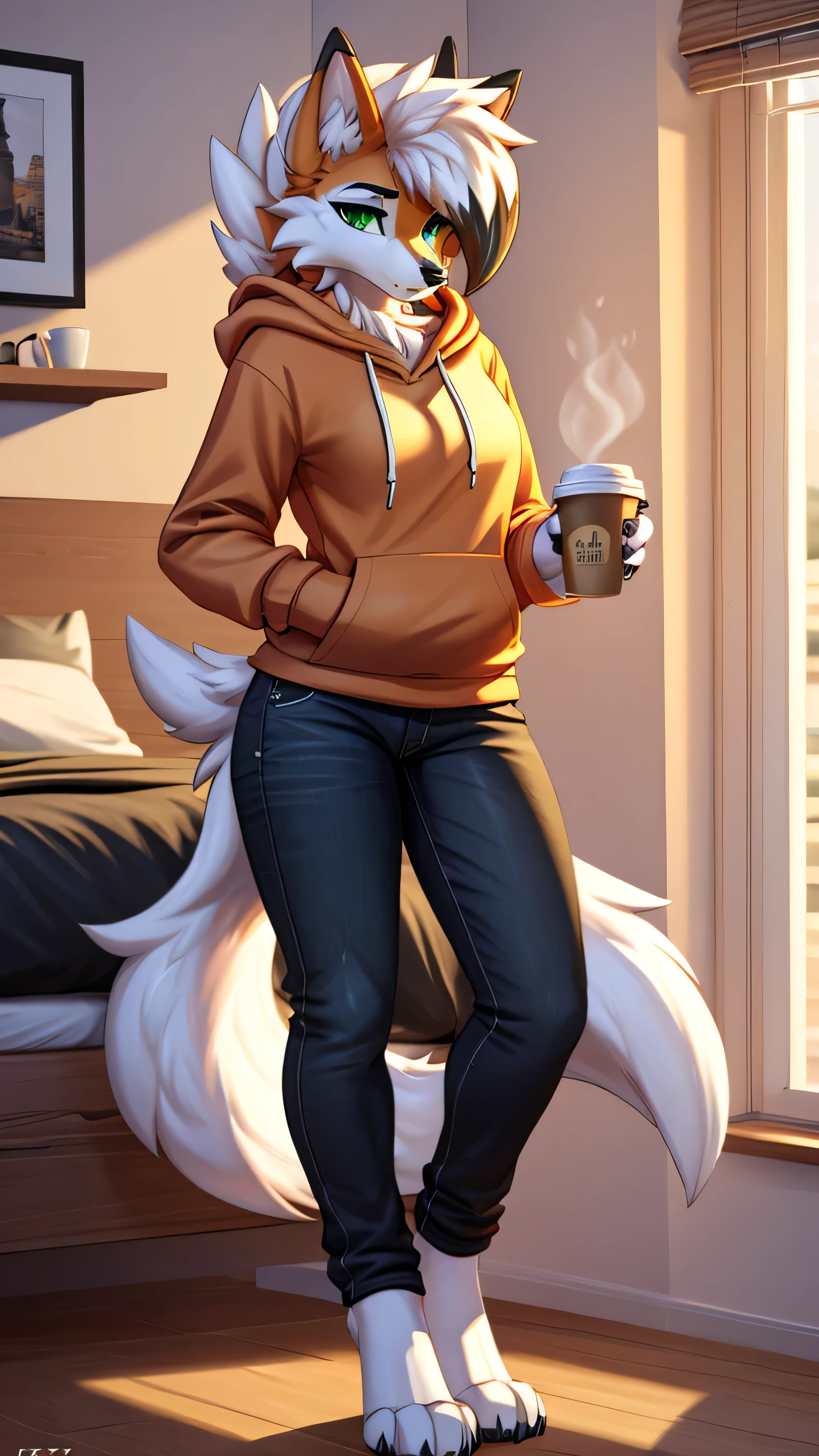 Solo, score_9,score_8_up,score_7_up, source_furry, an Anthro furry Dusk Lycanroc female, green eyes, wearing a hoodie in white color, black jeans, looking bored, holding a cup of coffe, standing, looking at you, in bedroom