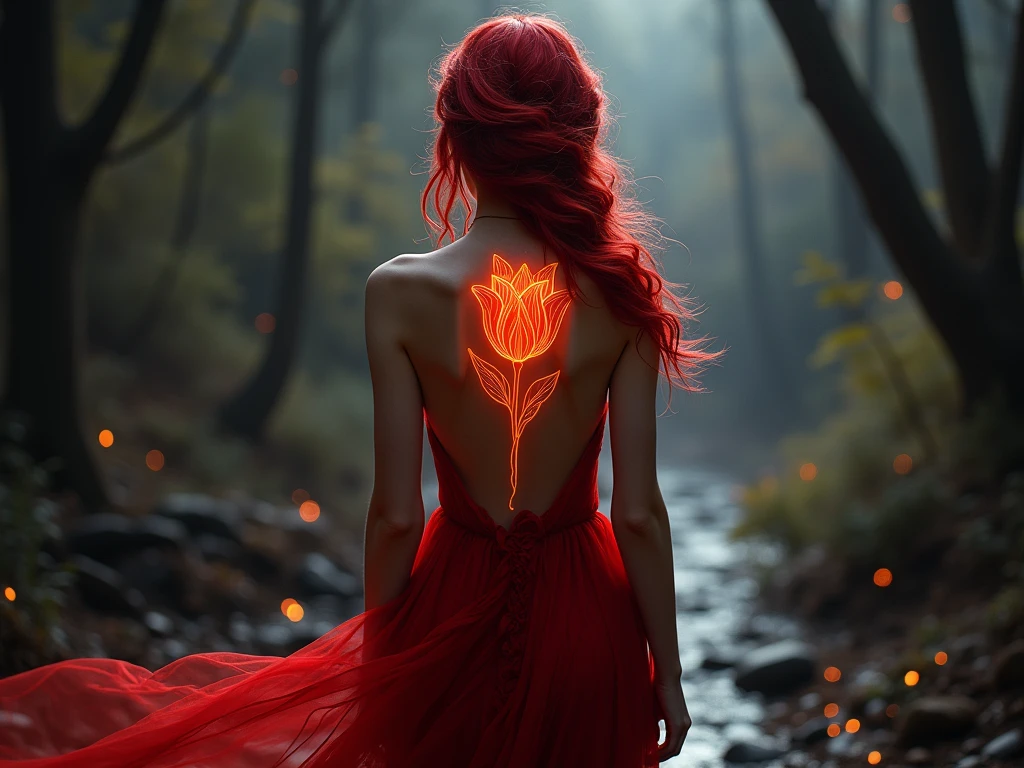 Arafed, Dark fantasy art, fantasy art, goth art, a picture of a tattoo of a tulip on the back of a female elf, a glowing tattoo of a ((tulip: 1.3)) on the elf's back, the ((tulip tattoo: 1.3)) is vivid, intricate detailed,  GlowingRunesAI_purple, ((fire surrounds the tulip: 1.5)), shot taken from the back, ((the back is visible: 1.3), she wears a transparent red dress, the dress is elegant, flowing, elven style, that the tattoos glow, dynamic hair color, dynamic hair style,  vibrant, Ultra-high resolution, High Contrast, (masterpiece:1.5),  highest quality, Best aesthetics, best details, best quality, highres, 16k, (ultra detailed: 1.5), masterpiece, best quality, (extremely detailed) RAW, (ultra details, Masterpiece, best quality) faize, Digital Painting, *channel_42*, rpg portrait