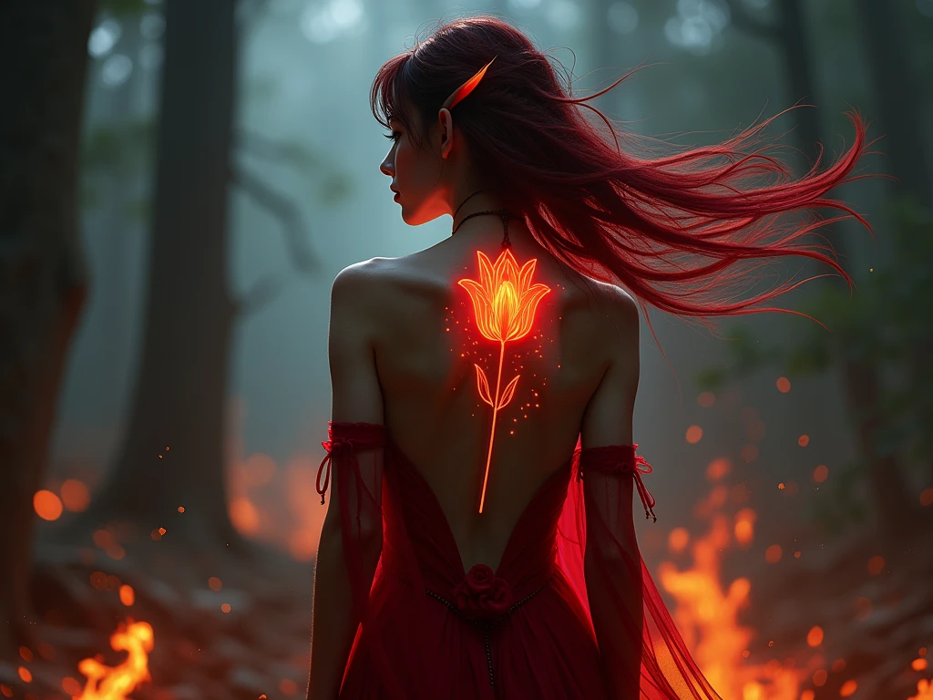 Arafed, Dark fantasy art, fantasy art, goth art, a picture of a tattoo of a tulip on the back of a female elf, a glowing tattoo of a ((tulip: 1.3)) on the elf's back, the ((tulip tattoo: 1.3)) is vivid, intricate detailed,  ((fire surrounds the tulip: 1.5)), shot taken from the back, ((the back is visible: 1.3), she wears a transparent dress, dynamoc color dress, the dress is elegant, flowing, elven style, that the tattoos glow, dynamic hair color, dynamic hair style,  vibrant, Ultra-high resolution, High Contrast, (masterpiece:1.5),  highest quality, Best aesthetics, best details, best quality, highres, 16k, (ultra detailed: 1.5), masterpiece, best quality, (extremely detailed) RAW, (ultra details, Masterpiece, best quality) faize, Digital Painting, *channel_42*, rpg portrait