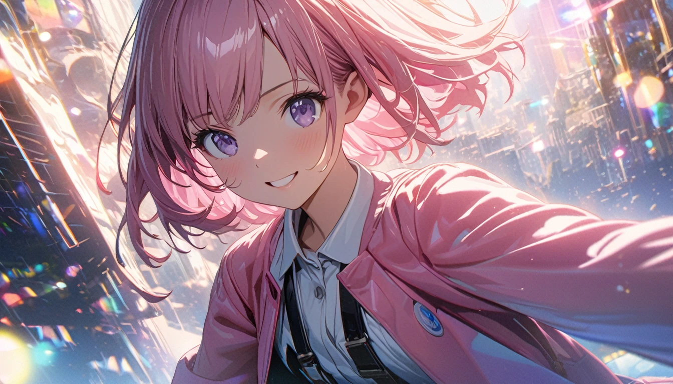 one women, short pink hair and bob hair.、beautiful purple eyes、smile、gentle smile on her face、flat chest, one Beautiful girl,((masterpiece, illustration, best quality) ((ultra-detailed))/pink hair, white shirt, pink jacket, 1girl, stylish, 濃い青とBeautiful Blueのグラデーション, High resolution, 8K HD detail, hyper-detail, cinematic, surrealism, soft light, deep field focus bokeh, ray tracing and surrealism. --v6