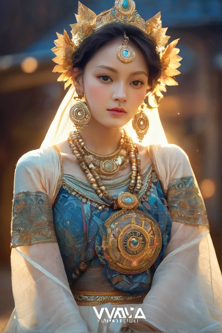 A beautiful mystical shamaness, her ancient medallion emitting a protective, mystical light, casting intricate spells to the rhythmic beat of tambourines, her piercing gaze revealing hidden desires and cosmic secrets, intricate flame dance ignited around her, twinkling lights reflected in her charming eyes like stars in the night sky, inspired by Vasnetsov's artistic styles, (best quality,4k,8k,highres,masterpiece:1.2),ultra-detailed,(realistic,photorealistic,photo-realistic:1.37),cinematic lighting,dramatic composition,fantasy,digital painting,concept art,muted colors,warm tones