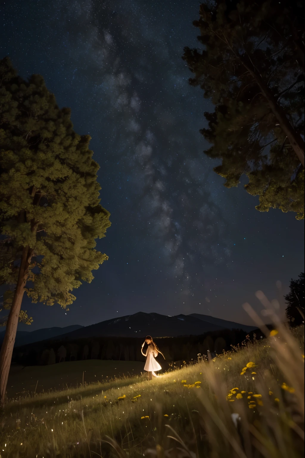 a girl on top of a hill, starry sky, view from below, flowering grass and trees,