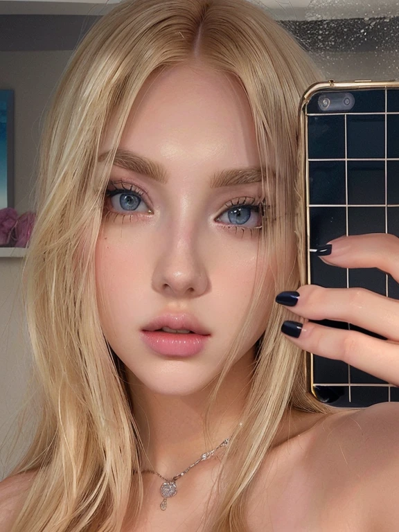 blond woman taking a selfie with her cell phone in front of a mirror, blonde hair and large eyes, kailee mandel, ava max, portrait of kim petras, long blonde hair and large eyes, 18 years old, sultry look, sexy face with full makeup, selfie of a young woman, profile image, leaked image, profile pic, glowy