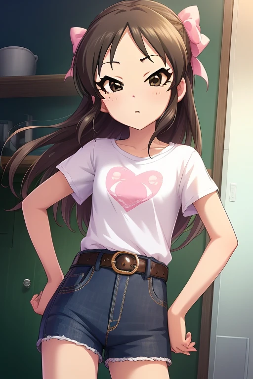 Tachibana Arisu, long hair, brown eyes, brown hair, bow, hair bow, blush, ribbon, looking at viewer, stand, hand own hips, white shirt, t-shirt, belt, denim shorts, shorts rolled,from side