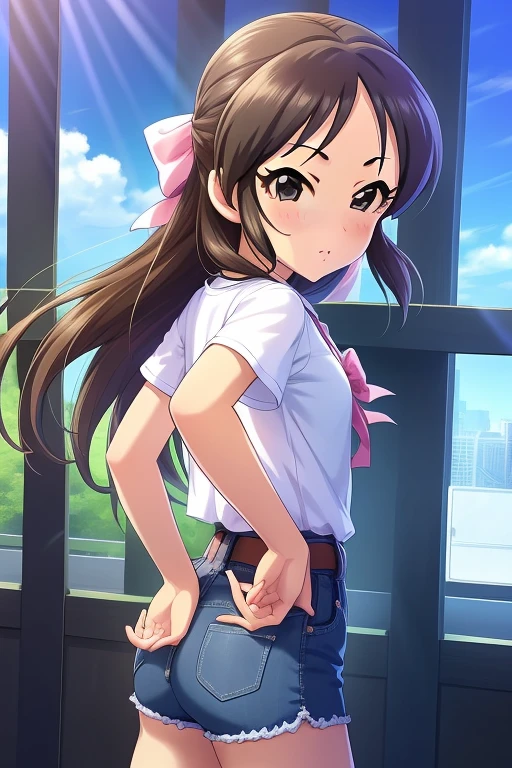 Tachibana Arisu, long hair, brown eyes, brown hair, bow, hair bow, blush, ribbon, looking at viewer, stand, hand own hips, white shirt, t-shirt, belt, denim shorts, shorts rolled,from side