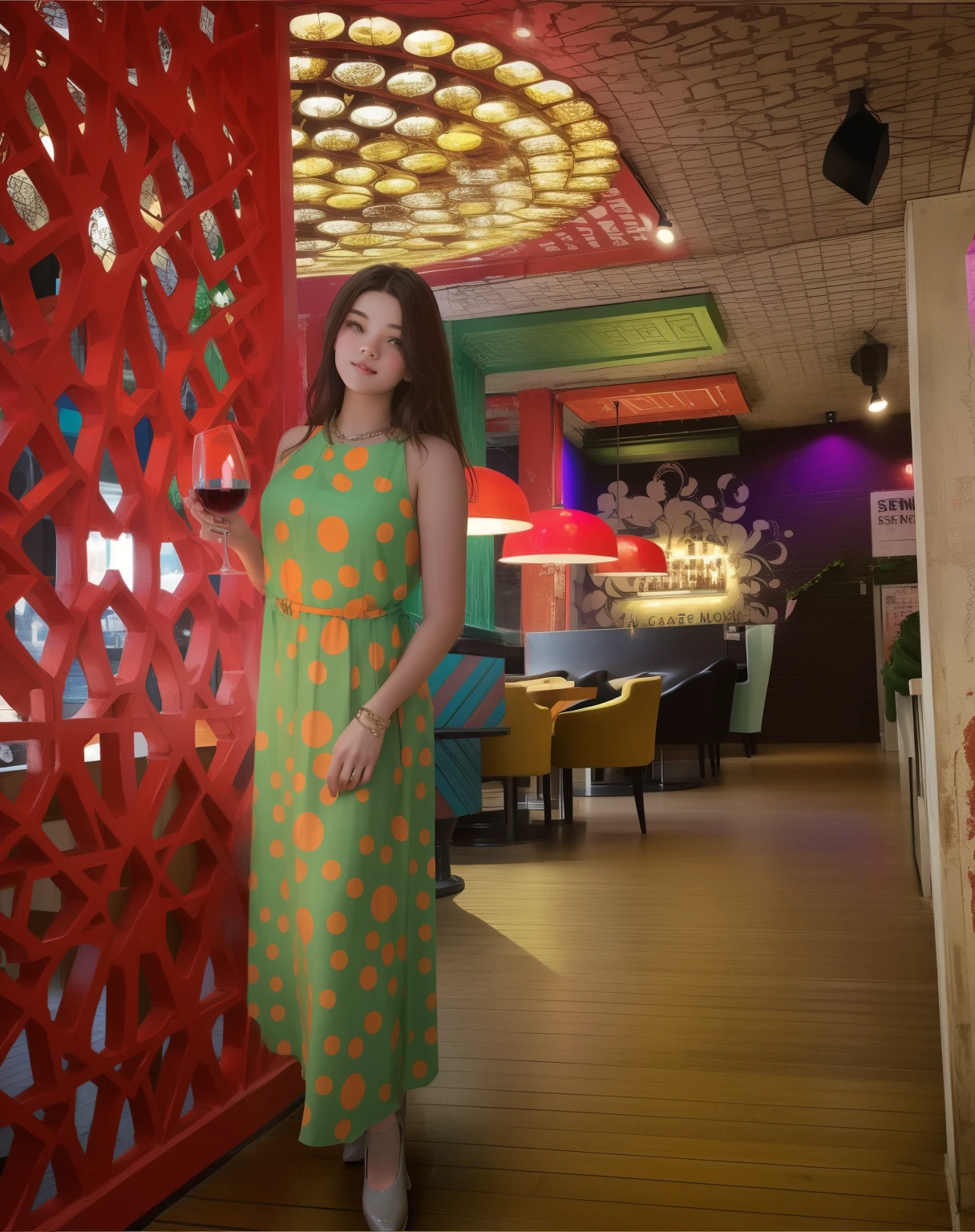 girl in a cafe, photo of a girl near a red wall, full-length girl in a dress, girl with a glass of wine,