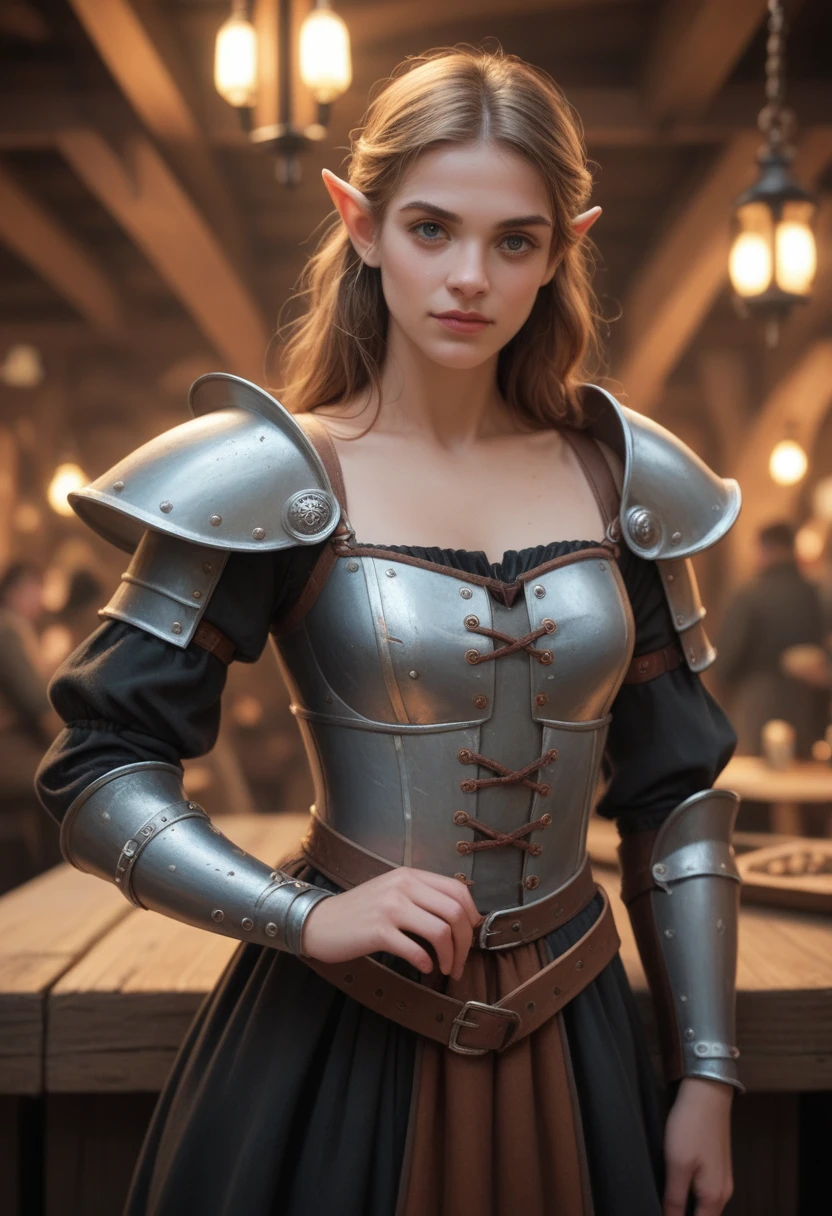 An elven woman with sharp features and pointed ears, dressed in a leather armor outfit, stands confidently in a bustling medieval tavern. She has a sword strapped to her back, and her expression is one of vigilance. The background is filled with various patrons, including other elves and adventurers, engaged in conversation and merriment under the warm glow of lanterns