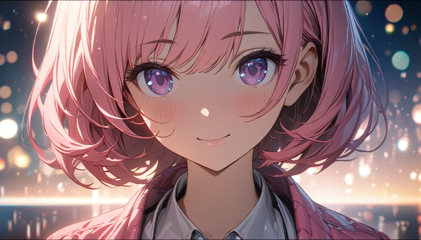 one women, short pink hair and bob hair.、beautiful purple eyes、smile、gentle smile on her face、flat chest, one Beautiful girl,((masterpiece, illustration, best quality) ((ultra-detailed))/pink hair, white shirt, pink jacket, 1girl, stylish, 濃い青とBeautiful Blueのグラデーション, High resolution, 8K HD detail, hyper-detail, cinematic, surrealism, soft light, deep field focus bokeh, ray tracing and surrealism. --v6
