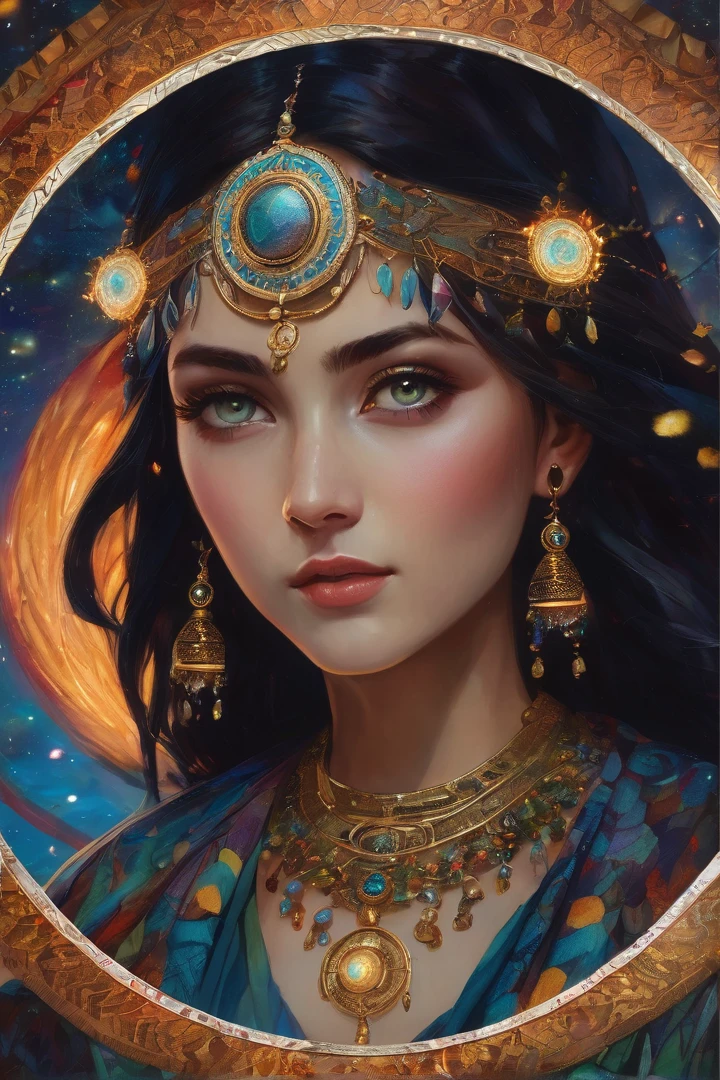 A beautiful mystical shamaness, her ancient medallion emitting a protective, mystical light, casting intricate spells to the rhythmic beat of tambourines, her piercing gaze revealing hidden desires and cosmic secrets, intricate flame dance ignited around her, twinkling lights reflected in her charming eyes like stars in the night sky, inspired by Vasnetsov's artistic styles, (best quality,4k,8k,highres,masterpiece:1.2),ultra-detailed,(realistic,photorealistic,photo-realistic:1.37),cinematic lighting,dramatic composition,fantasy,digital painting,concept art,muted colors,warm tones
