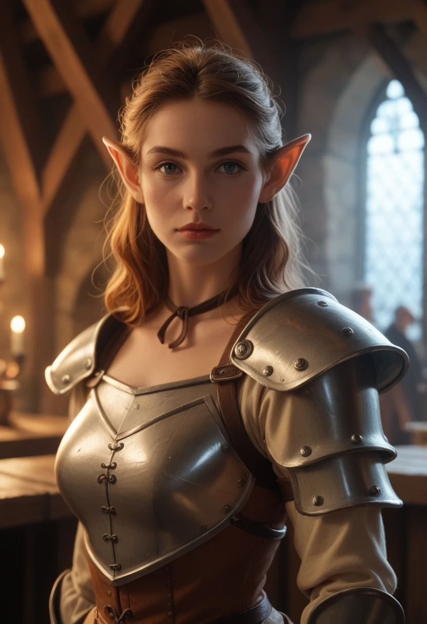 An elven woman with sharp features and pointed ears, dressed in leather armor with a very wide neckline revealing a more pronounced and voluptuous bust. The non-leather parts of her outfit are colored orange, creating a striking contrast. She stands confidently in a bustling medieval tavern, with a sword strapped to her back. The atmosphere is filled with smoke or mist, adding an air of mystery and tension. The background features various patrons, including other elves and adventurers, engaged in conversation and merriment under the warm glow of lanterns