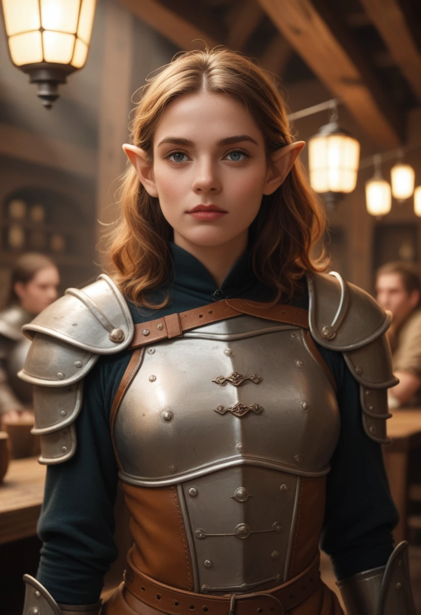 An elven woman with sharp features and pointed ears, dressed in leather armor with a very wide neckline revealing a more pronounced and voluptuous bust. The non-leather parts of her outfit are colored orange, creating a striking contrast. She stands confidently in a bustling medieval tavern, with a sword strapped to her back. The atmosphere is filled with smoke or mist, adding an air of mystery and tension. The background features various patrons, including other elves and adventurers, engaged in conversation and merriment under the warm glow of lanterns