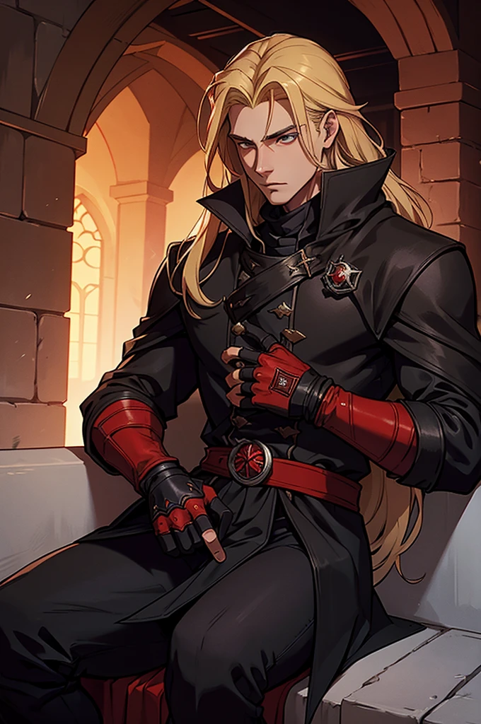 Medieval, RPG, young man (20 years old) with long blond hair in a black overcoat with red details, fingerless gloves and a sword at his waist, carrying a  on his lap