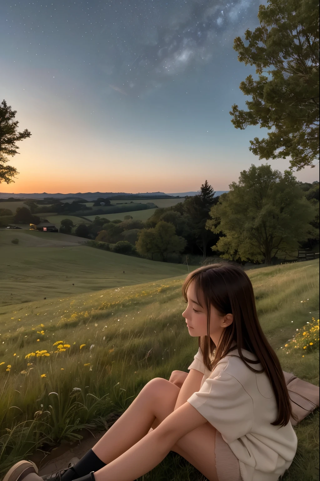 a girl on top of a hill, starry sky, view from below, flowering grass and trees,
