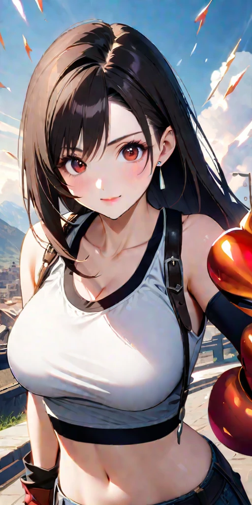 (((((tifa lockhart,Final Fantasy 7:1.5))))),((Highest quality、masterpiece、anime style、best quality、high resolution、8k、detailed、ultra-detailed:1.3))、Long legs:1.2, Beautiful woman with perfect figure:1.4、(Smiling:1.2), double eyelid、30-year-old female、((((One Woman,beautiful face,Beautiful face、Outdoor,upper body:1.5)))),Big Breasts、High resolution, accurate, Anatomically correct, High-resolution model, high quality, Very detailed, Ultra high definition、Black Hair、Straight Hair、Long Hair,Red open finger gloves,(Uplifting、action、contrapposto pose、dynamic、dynamicポーズ、dynamic motion:1.5)、(((speed lines、action lines:、movement,dynamism 1.5)))