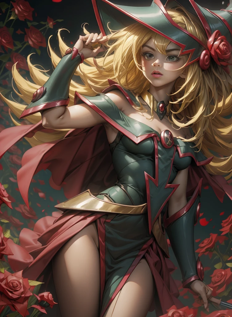 Beautiful dark magician gils. Young man with long blonde hair. green eyes. small lips. She is in a garden of red roses.. Red roses surround her. pose and innocent. red roses background.