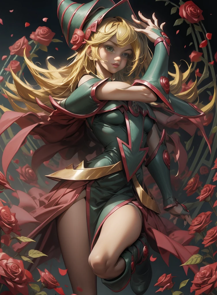 Beautiful dark magician gils. Young man with long blonde hair. green eyes. small lips. She is in a garden of red roses.. Red roses surround her. pose and innocent. red roses background.