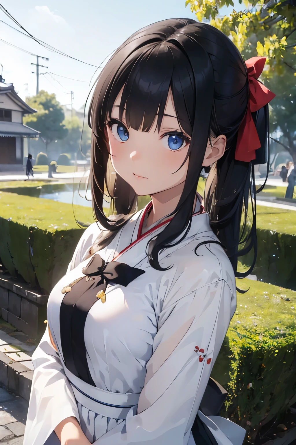 ((Top Quality)), ((Excellent)), (Details),,((Japanese)),, Black Hair,(Childish facStraight Hair)), shiny hair, a Girl ,Medium Breasts, ((Blue Easterpiece,, ultra realistic, 32k, extremely detailed CG unity 8k wallpaper, best quality, soft lighting, solo, Straight Hair, blunt bangs, hair bow, hair ribbon, ribbon, ((white ao dai)),((white Áo dài)), outdoors, (Vietnam park), 1girl, black bow, cate , stunning environment ,vibrant colors ,