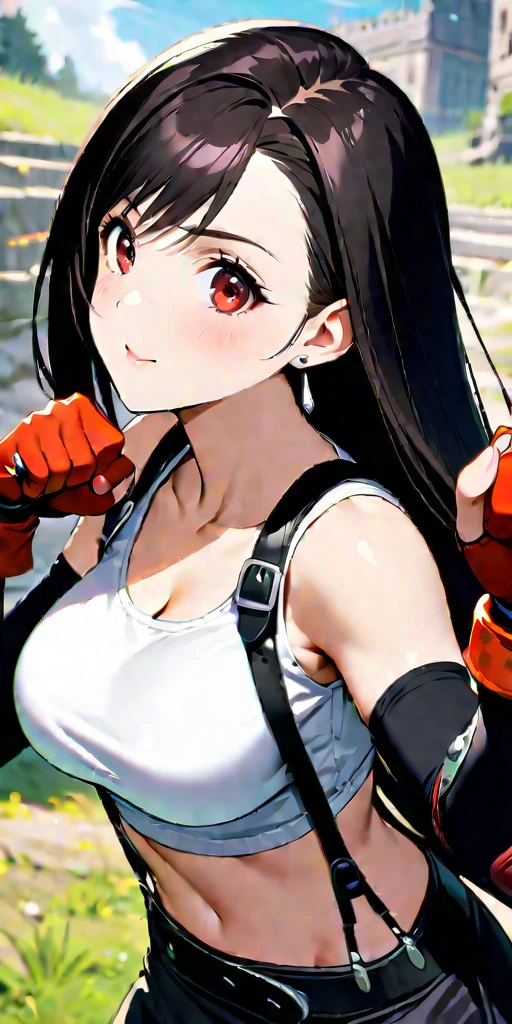 (((((tifa lockhart,Final Fantasy 7:1.5))))),((Highest quality、masterpiece、anime style、best quality、high resolution、8k、detailed、ultra-detailed:1.3))、Long legs:1.2, Beautiful woman with perfect figure:1.4、(Smiling:1.2), double eyelid、30-year-old female、((((One Woman,beautiful face,Beautiful face、Outdoor,upper body:1.5)))),Big Breasts、High resolution, accurate, Anatomically correct, High-resolution model, high quality, Very detailed, Ultra high definition、Black Hair、Straight Hair、Long Hair,Red open finger gloves,(Uplifting、action、contrapposto pose、dynamic、dynamicポーズ、dynamic motion:1.5)、(((speed lines、action lines:、movement,dynamism 1.5)))