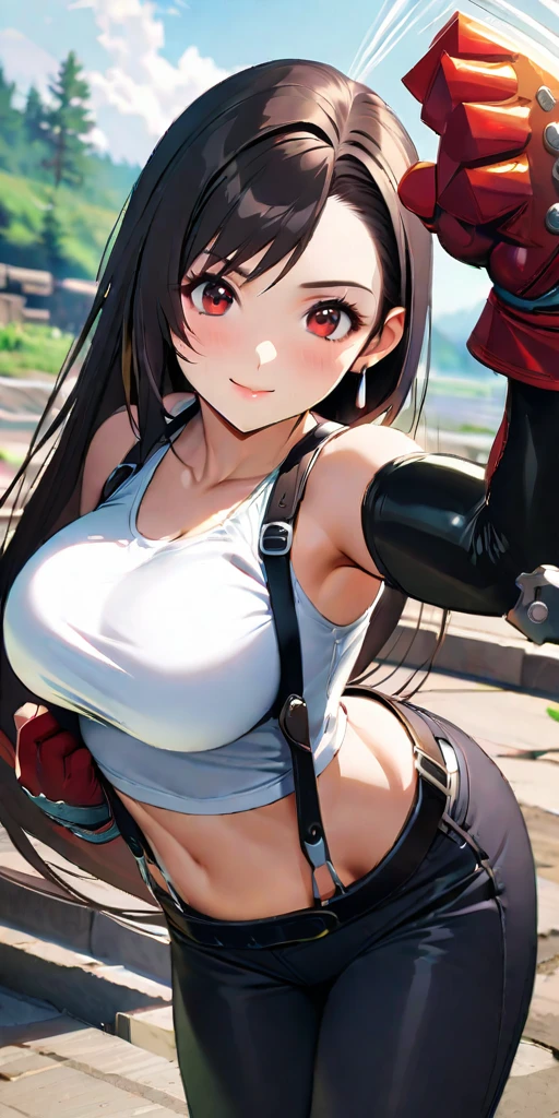 (((((tifa lockhart,Final Fantasy 7:1.5))))),((Highest quality、masterpiece、anime style、best quality、high resolution、8k、detailed、ultra-detailed:1.3))、Long legs:1.2, Beautiful woman with perfect figure:1.4、(Smiling:1.2), double eyelid、30-year-old female、((((One Woman,beautiful face,Beautiful face、Outdoor,upper body:1.5)))),Big Breasts、High resolution, accurate, Anatomically correct, High-resolution model, high quality, Very detailed, Ultra high definition、Black Hair、Straight Hair、Long Hair,Red open finger gloves,(Uplifting、action、contrapposto pose、dynamic、dynamicポーズ、dynamic motion:1.5)、(((speed lines、action lines:、movement,dynamism 1.5)))