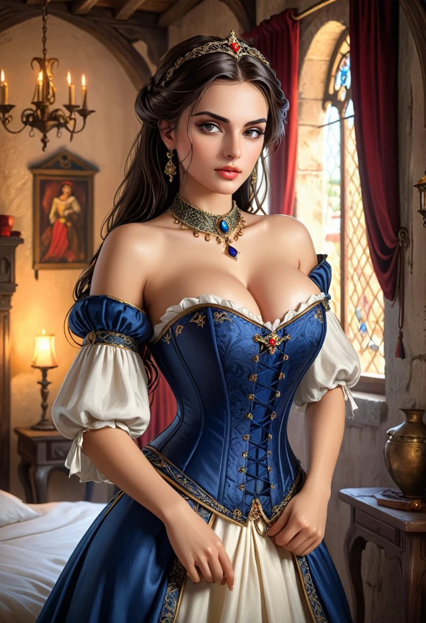 beautiful portrait of an incredibly beautiful Italian girl as a medieval courtesan, corset, neckline escotado, neckline, big breasts, jewelry, sharp focus on eyes, Fantasy concept art, , sensual look, seductive, inviting expression, Detailed medieval bedroom in background., seductive pose