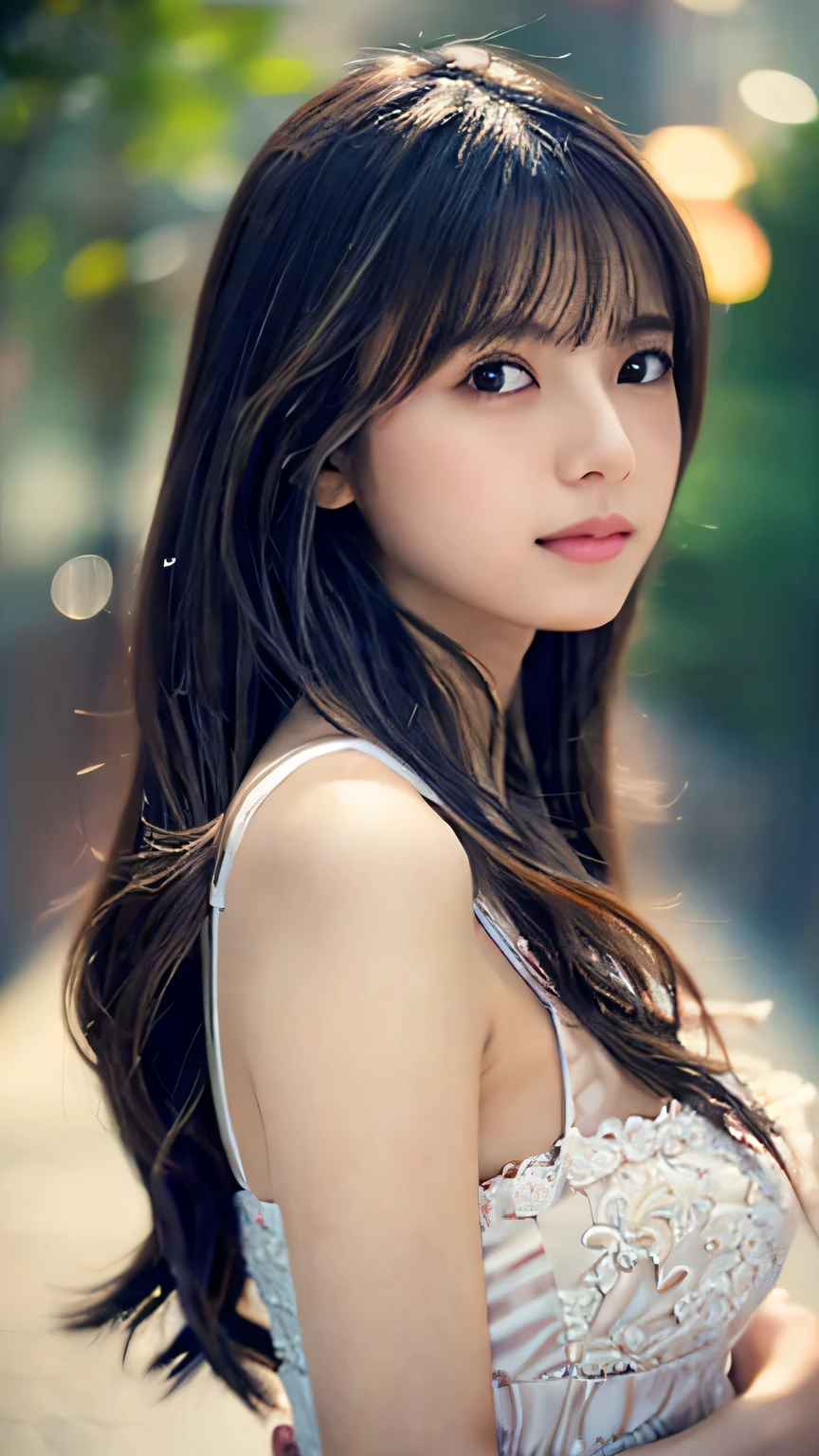 Highest quality,4K,8k,High resolution,masterpiece:1.2,Very detailed,Realistic:1.37,Portraiture,Soft colors,Gentle light,A girl exuding fatigue,Long flowing hair,Delicate features,Deeply contemplative eyes,White skin,Happy expression,Soft pastel colors,Great atmosphere,Rich Dress,Subtle brushwork,Dreamlike composition,Gazing into the distance,,Romantic atmosphere、Roppongi nightlife、,Calm colors,Soft Shadows、Above the waist display、Ample breasts、
