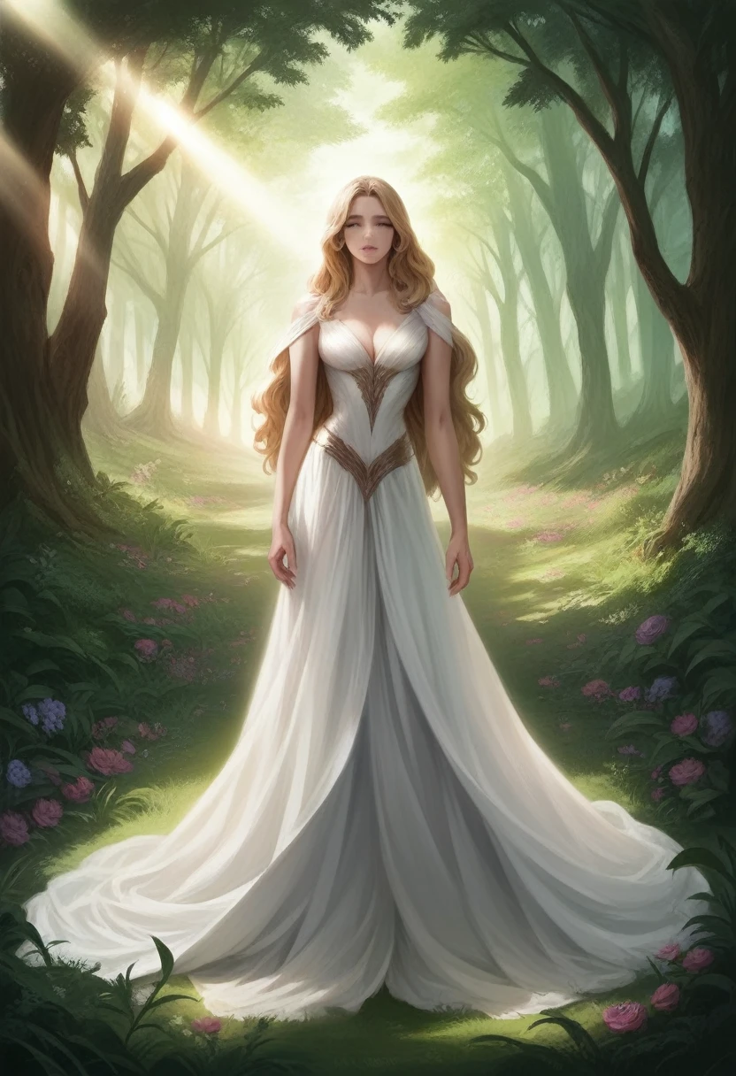 (best quality,4k,8k,highres,masterpiece:1.2),ultra-detailed,(realistic,photorealistic,photo-realistic:1.37),beautiful young woman, flawless skin, piercing eyes, full lips, long flowing hair, elegant dress, standing in a lush garden, sunlight filtering through the trees, vibrant colors, cinematic lighting, fantasy, dreamlike, ethereal