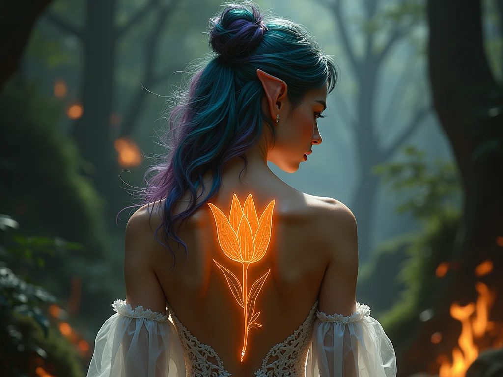 Arafed, Dark fantasy art, fantasy art, goth art, a picture of a tattoo of a tulip on the back of a female elf, a glowing tattoo of a ((tulip: 1.3)) on the elf's back, the ((tulip tattoo: 1.3)) is vivid, intricate detailed,  ((fire surrounds the tulip: 1.5)), shot taken from the back, ((the back is visible: 1.3), she wears a transparent dress, dynamoc color dress, the dress is elegant, flowing, elven style, that the tattoos glow, dynamic hair color, dynamic hair style,  vibrant, Ultra-high resolution, High Contrast, (masterpiece:1.5),  highest quality, Best aesthetics, best details, best quality, highres, 16k, (ultra detailed: 1.5), masterpiece, best quality, (extremely detailed) RAW, (ultra details, Masterpiece, best quality) faize, Digital Painting, *channel_42*, rpg portrait