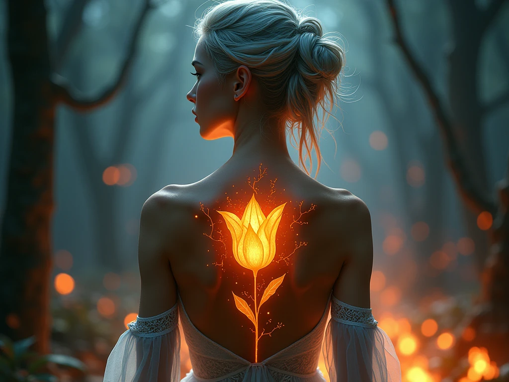 Arafed, Dark fantasy art, fantasy art, goth art, a picture of a tattoo of a tulip on the back of a female elf, a glowing tattoo of a ((tulip: 1.3)) on the elf's back, the ((tulip tattoo: 1.3)) is vivid, intricate detailed,  ((fire surrounds the tulip: 1.5)), shot taken from the back, ((the back is visible: 1.3), she wears a transparent dress, dynamoc color dress, the dress is elegant, flowing, elven style, that the tattoos glow, dynamic hair color, dynamic hair style,  vibrant, Ultra-high resolution, High Contrast, (masterpiece:1.5),  highest quality, Best aesthetics, best details, best quality, highres, 16k, (ultra detailed: 1.5), masterpiece, best quality, (extremely detailed) RAW, (ultra details, Masterpiece, best quality) faize, Digital Painting, *channel_42*, rpg portrait