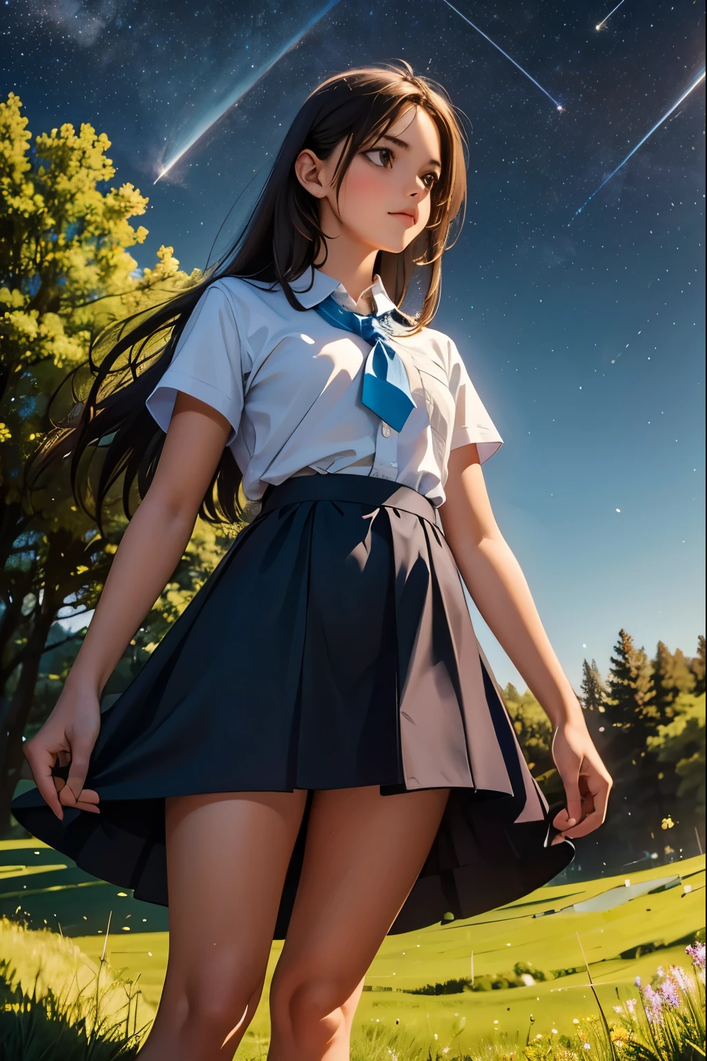 a girl on top of a hill, starry sky, view from below, flowering grass and trees,