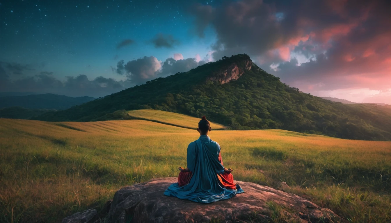 Person meditating. Loose Clothes. belo landscape de um vale florido. Enchanted World. Feeling of contemplation. Symbols of nature. strong and vibrant colors. cinematic lighting.