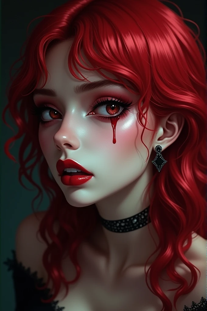 aa portrait of vampire with a bloody tear coming down from he eye, an exotic beautiful female vampire, red hair color, dynamic hair style, ultra detailed face, best detailed face, silver eye color, ((1single red teardrop: 1.3)), ((tear drop made from blood)), ((teardrop coming down from the eye: 1.3)), small cleavage, wearing two black diamond earrings, Ultra-high resolution, High Contrast, (masterpiece:1.5), highest quality, Best aesthetics), 16K fantasy art, best details, best quality, highres, (ultra wide angle: 1.2), 16k, [ultra detailed], masterpiece, best quality, (extremely detailed), ladyshadow, magical sky, crying style, vampire teeth