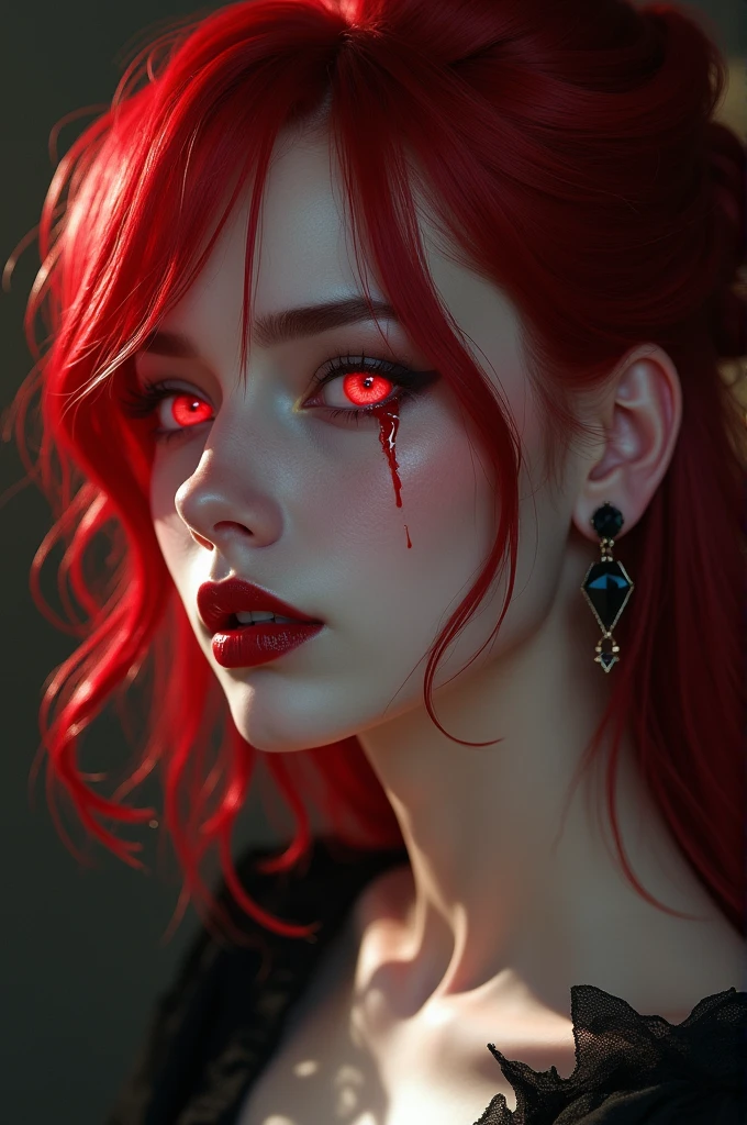 aa portrait of vampire with a bloody tear coming down from he eye, an exotic beautiful female vampire, red hair color, dynamic hair style, ultra detailed face, best detailed face, silver eye color, ((1single red teardrop: 1.3)), ((tear drop made from blood)), ((teardrop coming down from the eye: 1.3)), small cleavage, wearing two black diamond earrings, Ultra-high resolution, High Contrast, (masterpiece:1.5), highest quality, Best aesthetics), 16K fantasy art, best details, best quality, highres, (ultra wide angle: 1.2), 16k, [ultra detailed], masterpiece, best quality, (extremely detailed), ladyshadow, magical sky, crying style, vampire teeth