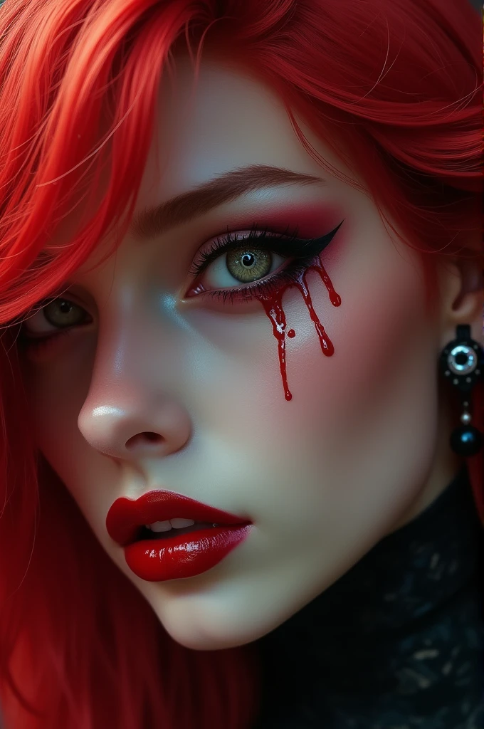 aa portrait of vampire with a bloody tear coming down from he eye, an exotic beautiful female vampire, red hair color, dynamic hair style, ultra detailed face, best detailed face, silver eye color, ((1single red teardrop: 1.3)), ((tear drop made from blood)), ((teardrop coming down from the eye: 1.3)), small cleavage, wearing two black diamond earrings, Ultra-high resolution, High Contrast, (masterpiece:1.5), highest quality, Best aesthetics), 16K fantasy art, best details, best quality, highres, (ultra wide angle: 1.2), 16k, [ultra detailed], masterpiece, best quality, (extremely detailed), ladyshadow, magical sky, crying style, vampire teeth