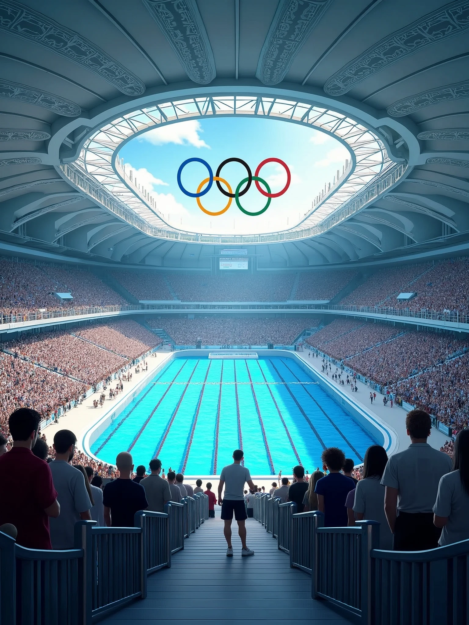 Panoramic distant image: inside the Olympic swimming pool, with the five Olympic rings logo, spectators are staring and mingling, the pool looks calm, the