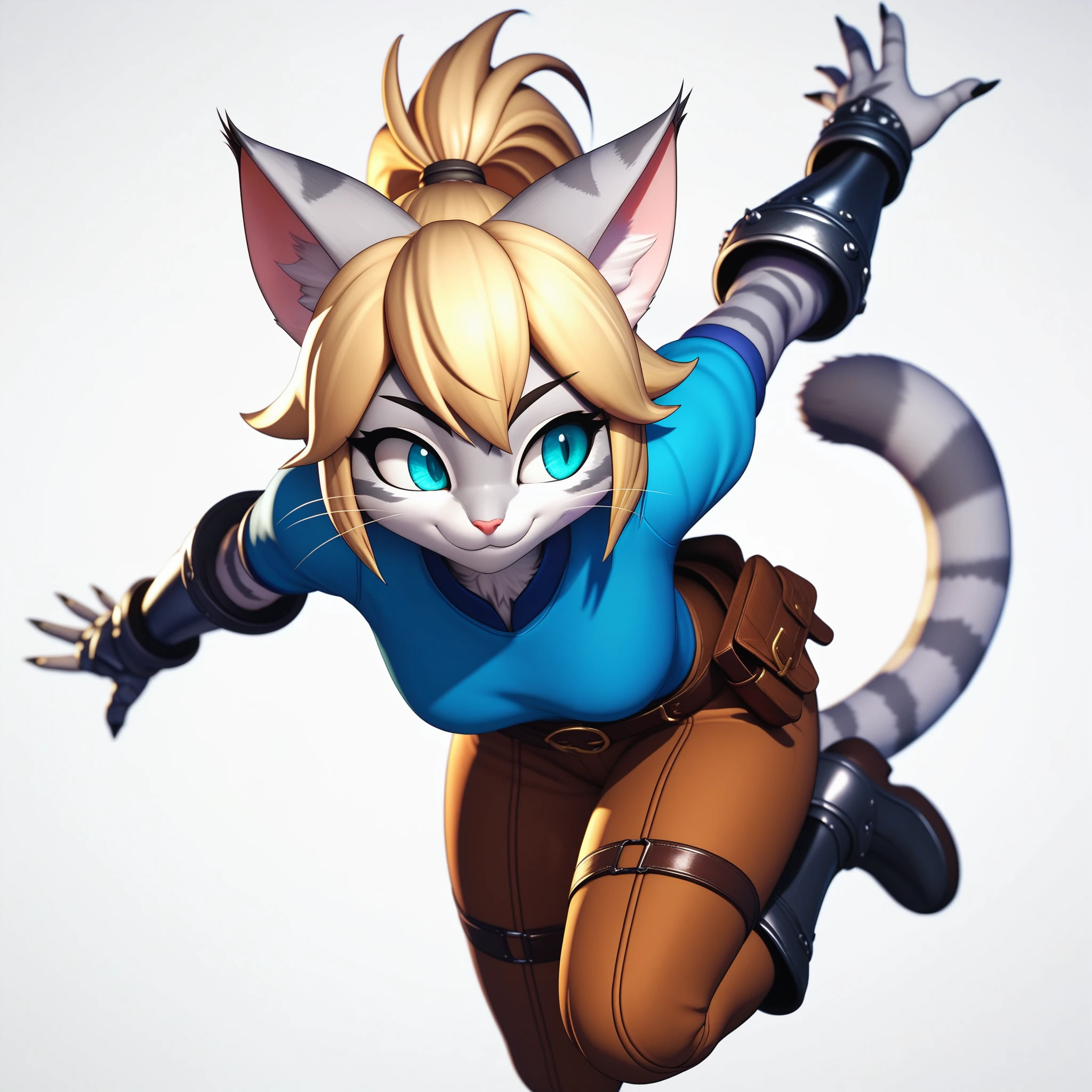 score_9,score_8_up,score_7_up, score_6_up, score_5_up,source_anime, kemono style, 3d, video game style, super smash bros style, Anthro, Kat, Anthro furry feline, silver fur, pink nose, :3, blonde hair, hair in ponytail, wearing blue tunic, brown pants, leather gauntlets, leather straps and adventuring gear, leather boots, jumping through the air, dynamic action, big smile, furrowed eyebrows, simple white background, she is looking away