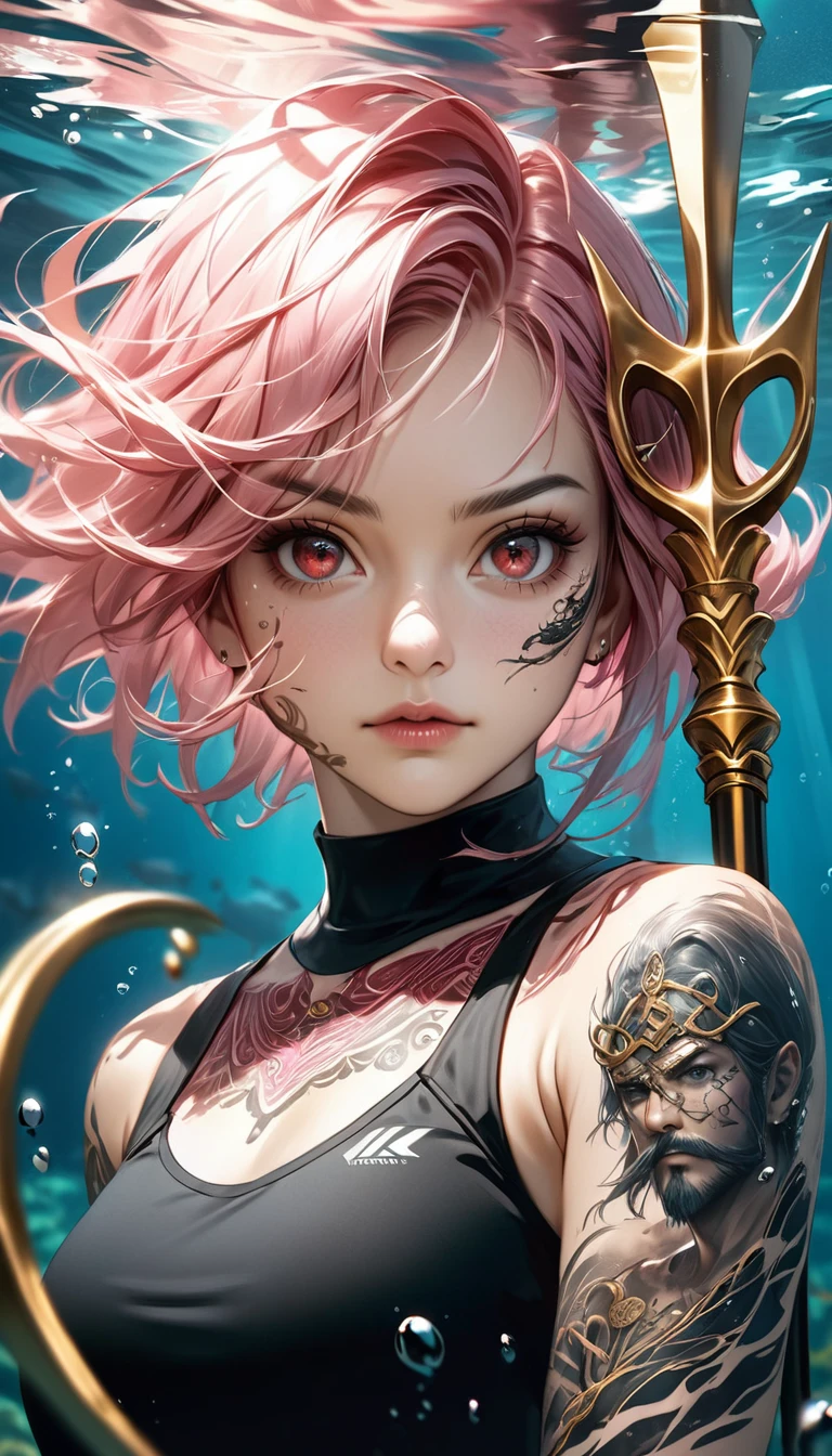 A strong girl, short pink hair, short beard, has red eyes, is underwater, has tattoos all in shades of black, has a golden trident, realistic drawing style, focus on the face