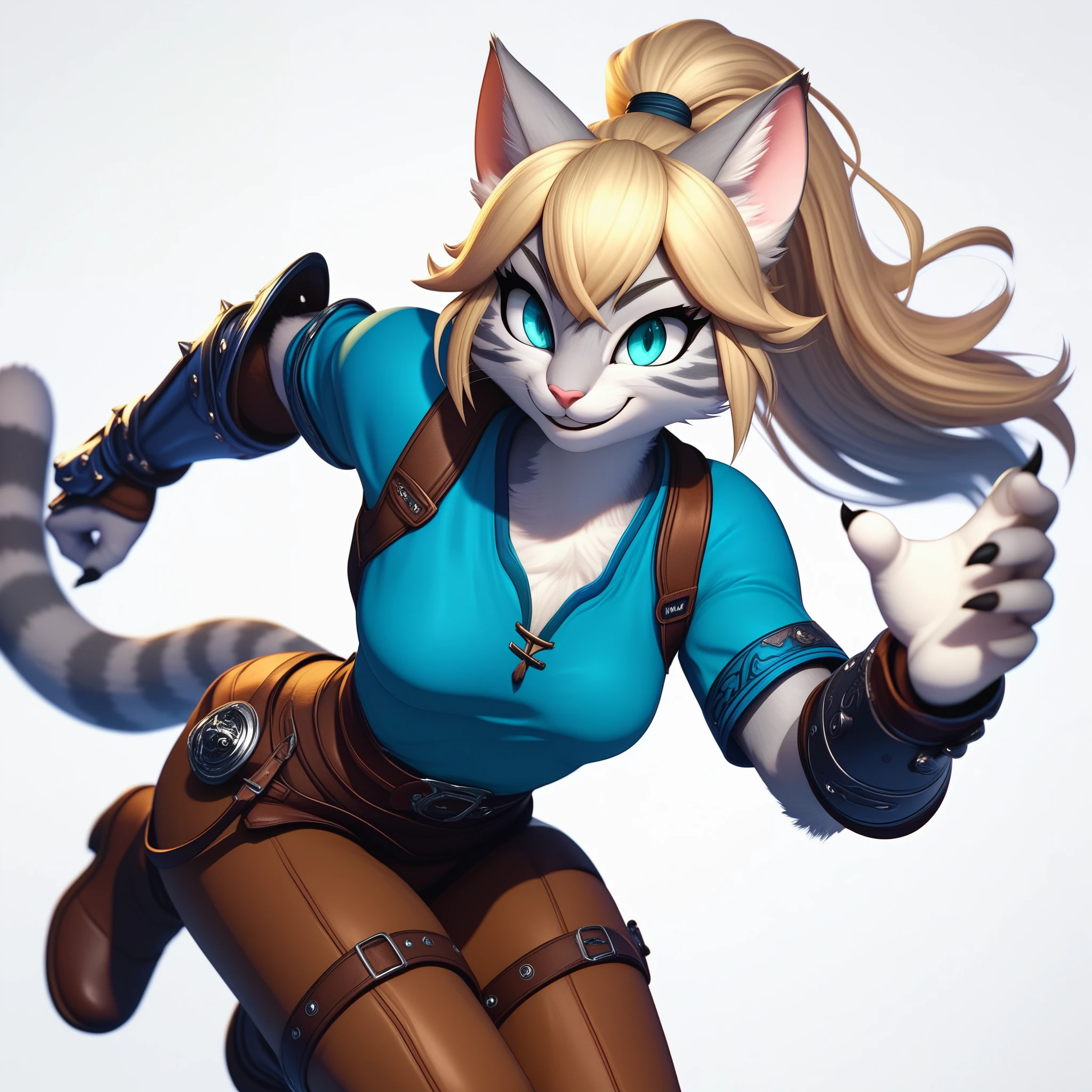 score_9,score_8_up,score_7_up, score_6_up, score_5_up, 3d, kemono style, video game style, super smash bros style, Anthro, Kat, Anthro furry feline, silver fur, pink nose, :3, blonde hair, hair in ponytail, wearing blue tunic, brown pants, leather gauntlets, leather straps and adventuring gear, leather boots, jumping through the air, dynamic action, big smile, furrowed eyebrows, white background, baring her claws, fighting stance, she is looking away