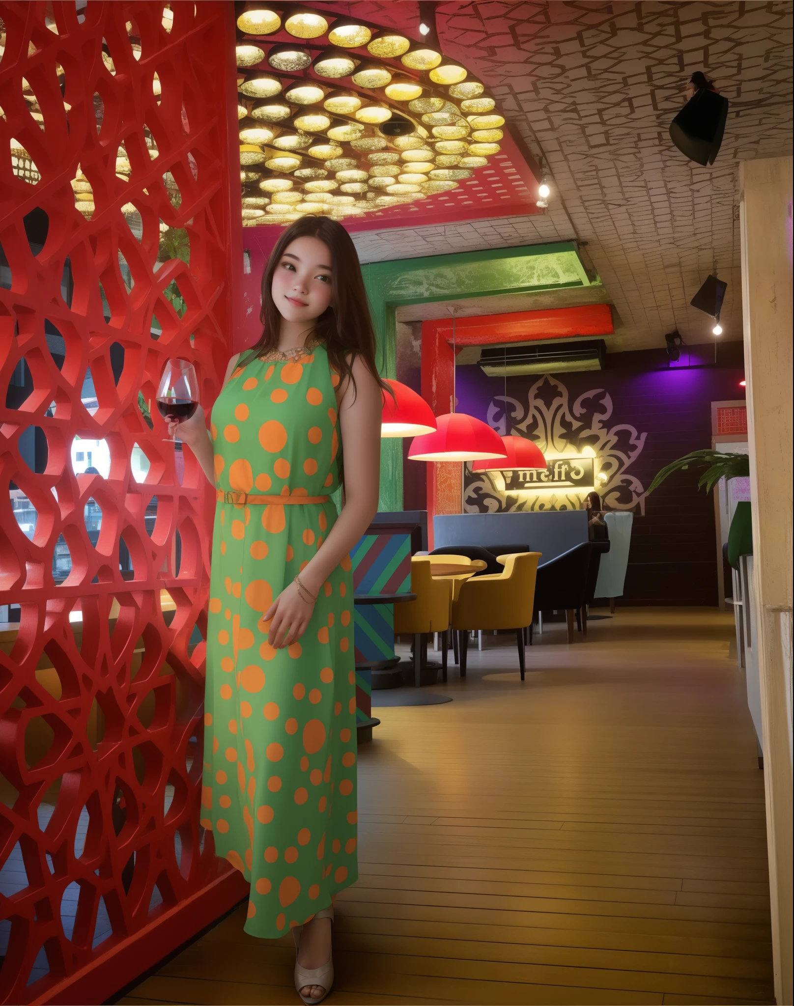 girl in a cafe, photo of a girl near a red wall, full-length girl in a dress, girl with a glass of wine,
