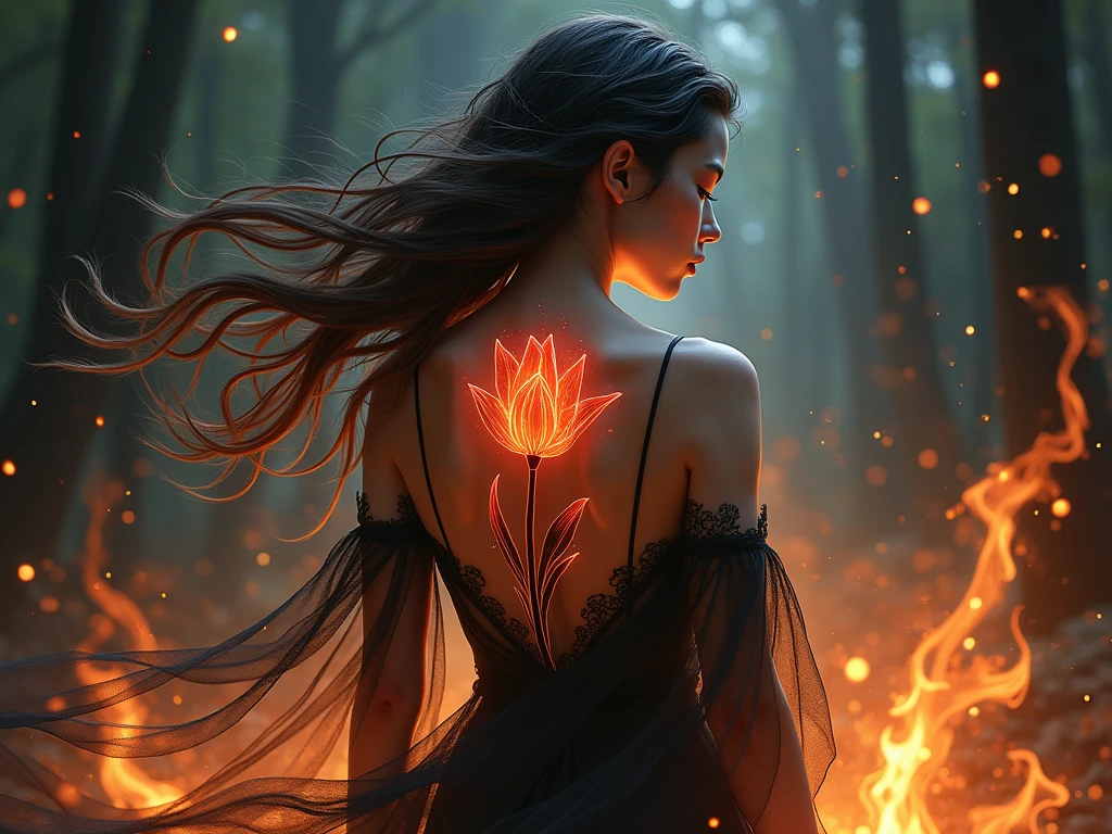 Arafed, Dark fantasy art, fantasy art, goth art, a picture of a tattoo of a tulip on the back of a female elf, a glowing tattoo of a ((tulip: 1.3)) on the elf's back, the ((tulip tattoo: 1.3)) is vivid, intricate detailed,  ((fire surrounds the tulip: 1.5)), shot taken from the back, ((the back is visible: 1.3), she wears a transparent dress, dynamoc color dress, the dress is elegant, flowing, elven style, that the tattoos glow, dynamic hair color, dynamic hair style,  vibrant, Ultra-high resolution, High Contrast, (masterpiece:1.5),  highest quality, Best aesthetics, best details, best quality, highres, 16k, (ultra detailed: 1.5), masterpiece, best quality, (extremely detailed) RAW, (ultra details, Masterpiece, best quality) faize, Digital Painting, *channel_42*, rpg portrait