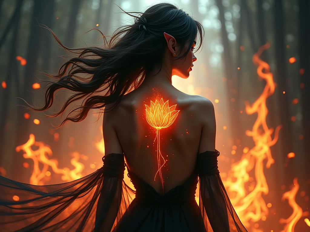 Arafed, Dark fantasy art, fantasy art, goth art, a picture of a tattoo of a tulip on the back of a female elf, a glowing tattoo of a ((tulip: 1.3)) on the elf's back, the ((tulip tattoo: 1.3)) is vivid, intricate detailed,  ((fire surrounds the tulip: 1.5)), shot taken from the back, ((the back is visible: 1.3), she wears a transparent dress, dynamoc color dress, the dress is elegant, flowing, elven style, that the tattoos glow, dynamic hair color, dynamic hair style,  vibrant, Ultra-high resolution, High Contrast, (masterpiece:1.5),  highest quality, Best aesthetics, best details, best quality, highres, 16k, (ultra detailed: 1.5), masterpiece, best quality, (extremely detailed) RAW, (ultra details, Masterpiece, best quality) faize, Digital Painting, *channel_42*, rpg portrait