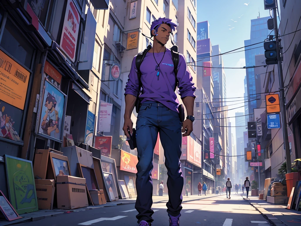 cartoon illustration of a man in a purple shirt with blue and with headphones standing in a city, official art, epic art style, official fanart, highly detailed official art, official illustration, official concept art, #pixelart:3, style supernatural art, official fan art, detailed fanart, unknown art style, official rendering, official character art, game art!!, background art, official hdr art