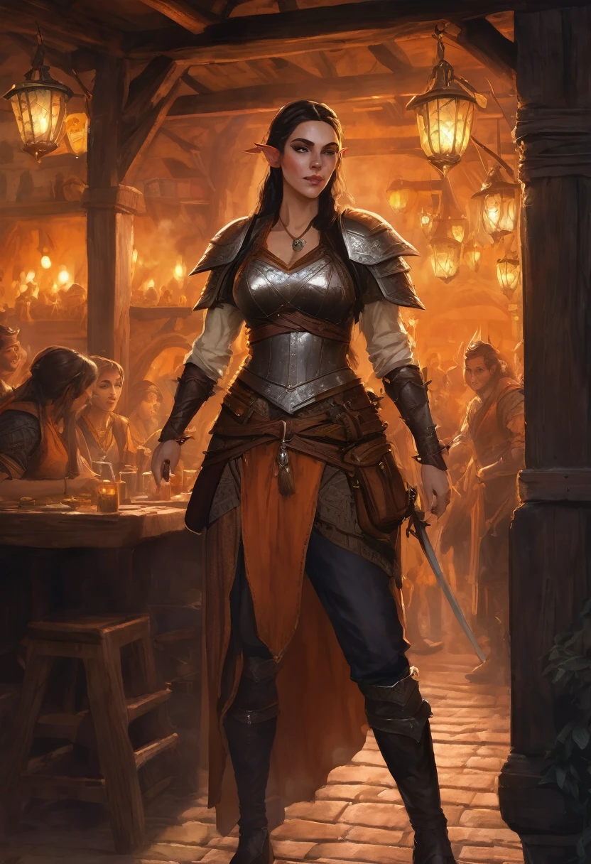 An elven woman with sharp features and pointed ears, dressed in leather armor with a very wide neckline revealing a more pronounced and voluptuous bust. The non-leather parts of her outfit are colored orange, creating a striking contrast. She stands confidently in a bustling medieval tavern, with a sword strapped to her back. The atmosphere is filled with smoke or mist, adding an air of mystery and tension. The background features various patrons, including other elves and adventurers, engaged in conversation and merriment under the warm glow of lanterns