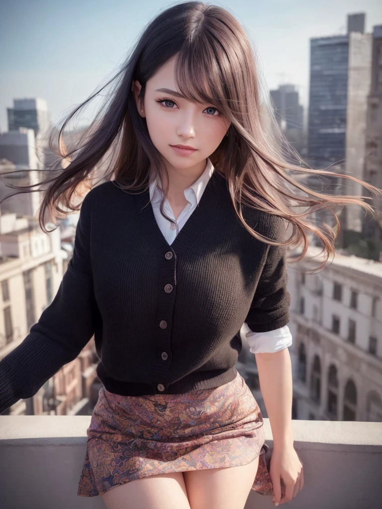 (RAW Photos, Highest quality), (Realistic, photo-Realistic:1.3), masterpiece, Very delicate and beautiful, Very detailed, CG, Unity , 2k wallpaper, wonderful, In detail, (A light smile),Double teeth, Very detailed CG Unity 8k wallpaper, Large file size, Very detailed, High resolution, Absurd, Soft Light, (((Medium Hair:1.3), Short bangs, Black Hair, Floating Hair NovaFrogStyle)), Beautiful detailed girl, Detailed fingers, Very detailed eyes and face, Beautifully detailed nose, Beautiful attention to detail, Long eyelashes, Light on the face, View your viewers, (Mouth closed:1.2), One girl, cute, young, Mature Face, (whole body:1.3), Realistic face, Realistic body, Beautiful thighs, (Urzan-6500-v1.1:0.8), Private Server, Colorful Cardigan, City in the background, (City view from the hill), shirt, (Black knee socks), ((colorful mini skirt)),