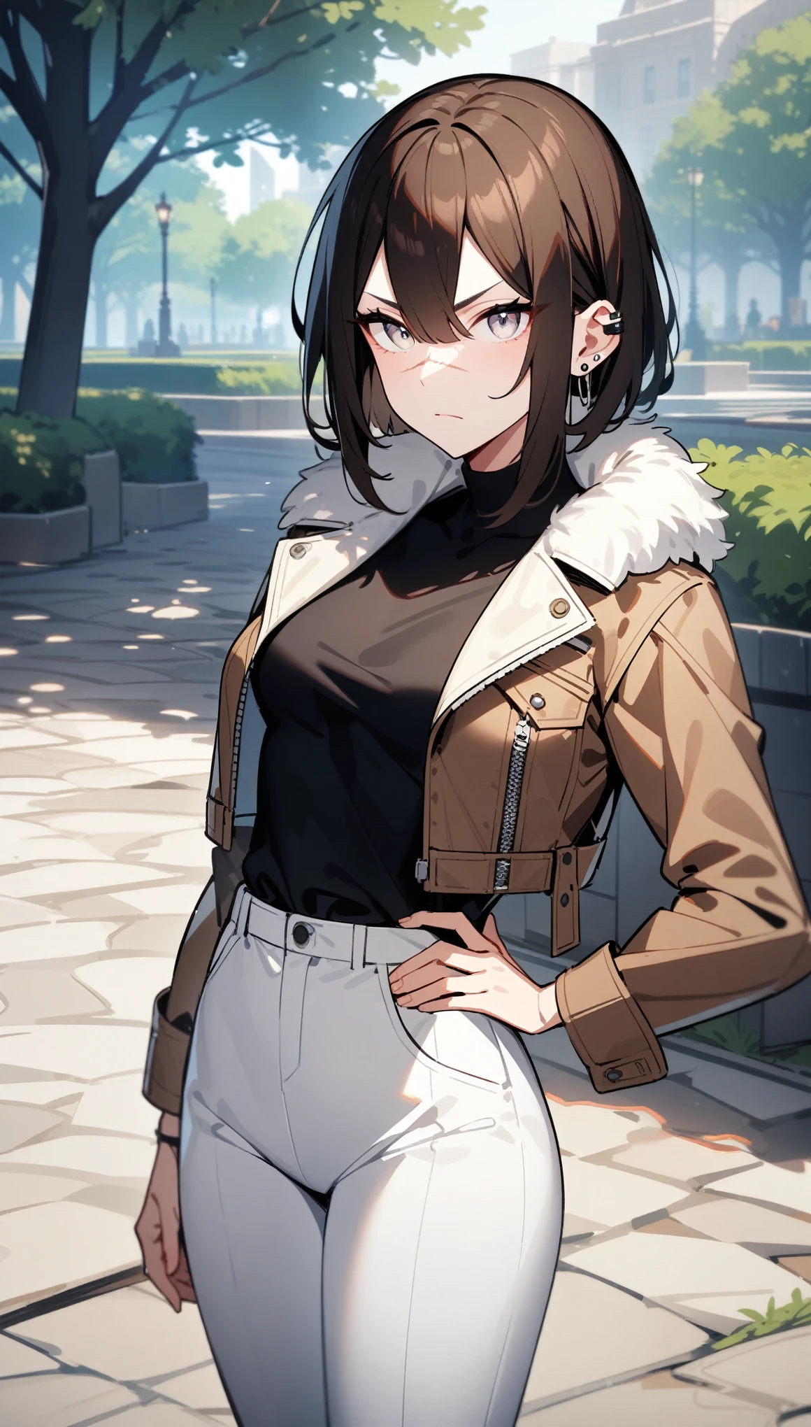 masterpiece, best quality, absurdres, highres, very aesthetic, aesthetic, newest, recent, early BREAK 1girl, sanpaku, (white eyes), black hair, brown hair, inverted bob, sidelocks, long bangs, hair between eyes, [short hair], scar on nose, small breasts, mature female BREAK serious BREAK ear piercing, fur-trimmed jacket, cropped jacket, dark brown jacket, black shirt, white pants BREAK close-up, tree, flower, stone pavement, sett, park, plaza, hand on own hip, standing