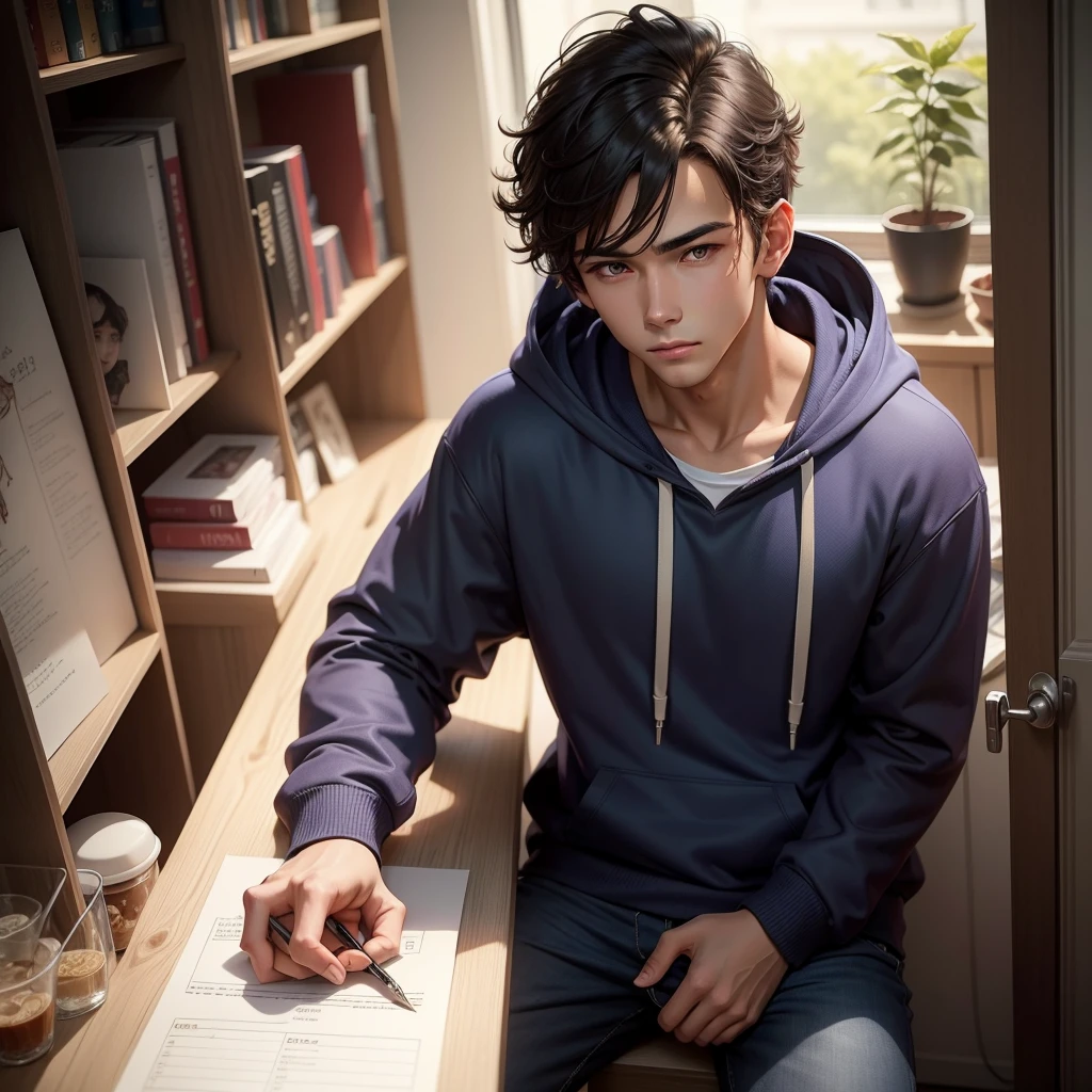 Draw a scene of a handsome young man wearing a hoodie。
