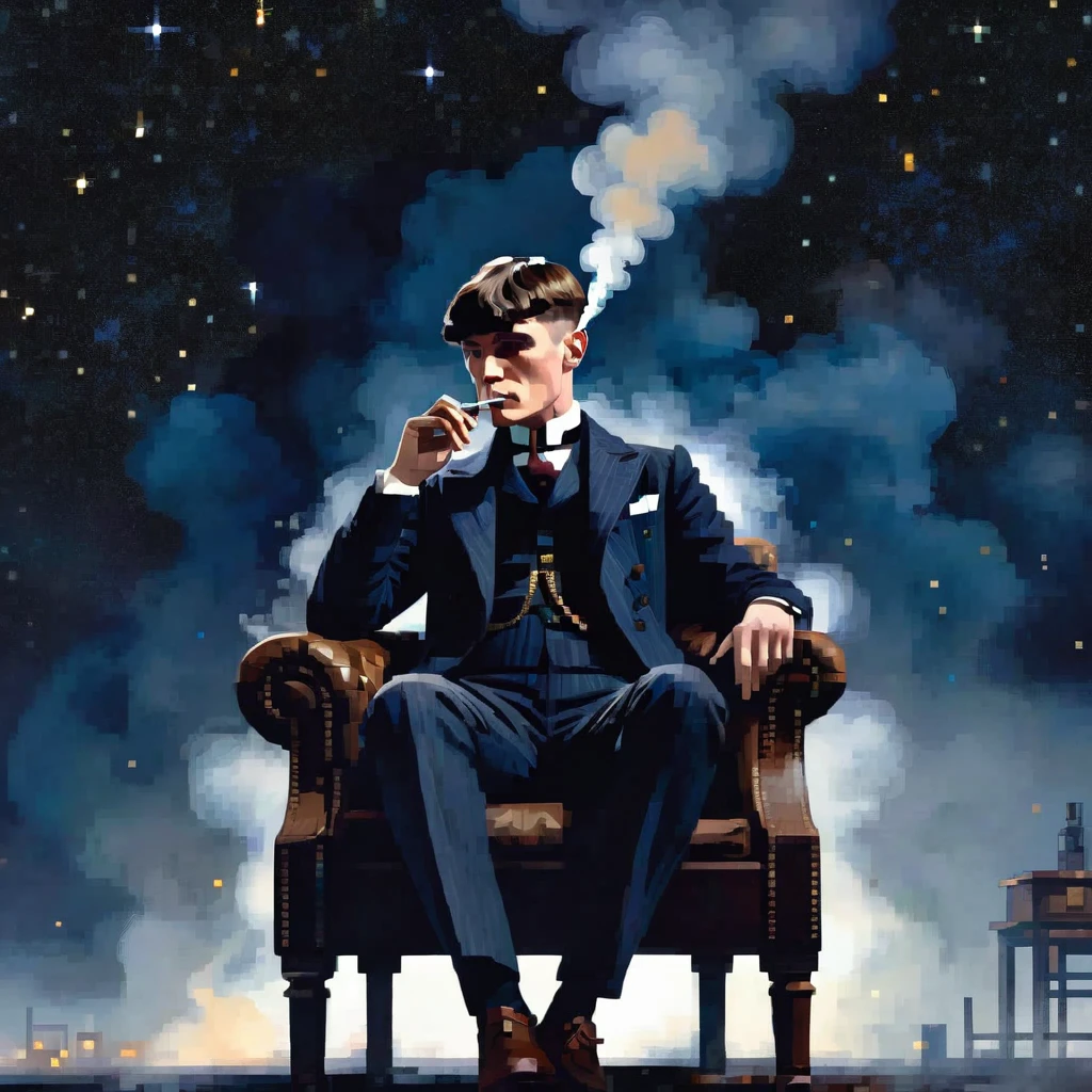 Thomas shelby, smoking a cigarette, Position: sitting cross-legged on a chair, smoke, haze, starry sky, looking to the down.