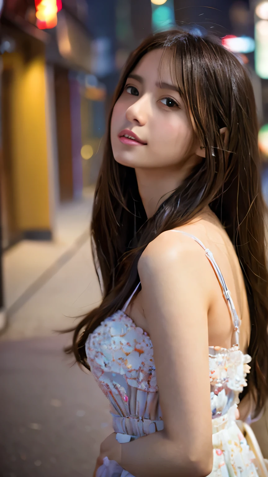 Highest quality,4K,8k,High resolution,masterpiece:1.2,Very detailed,Realistic:1.37,Portraiture,Soft colors,Gentle light,A girl exuding fatigue,Long flowing hair,Delicate features,Deeply contemplative eyes,White skin,Happy expression,Soft pastel colors,Great atmosphere,Rich Dress,Subtle brushwork,Dreamlike composition,Gazing into the distance,,Romantic atmosphere、Roppongi nightlife、,Calm colors,Soft Shadows、Above the waist display、Ample breasts、