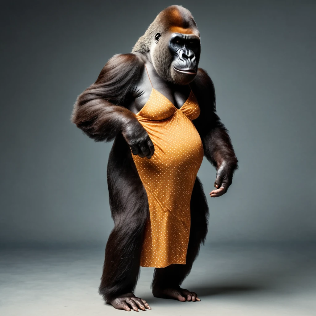 gorilla in a dress, gorilla in full height. Evening form-fitting dress. Realistic image. Cinematic effect, ultra high quality, soft light, soft shadows, 3D photo