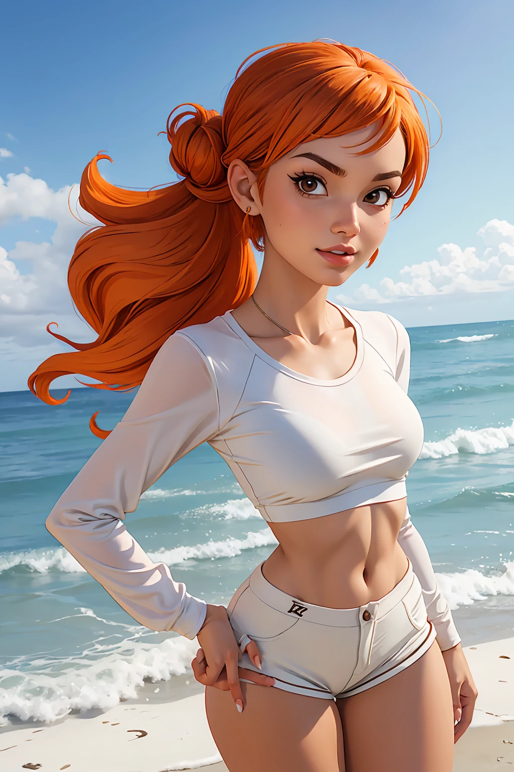 nami, sexy, at beach, one piece, hair in a bun, white crop top low cut long sleeve shirt, brown short shorts, white socks with sandals, photorealistic 1:4, orange hair