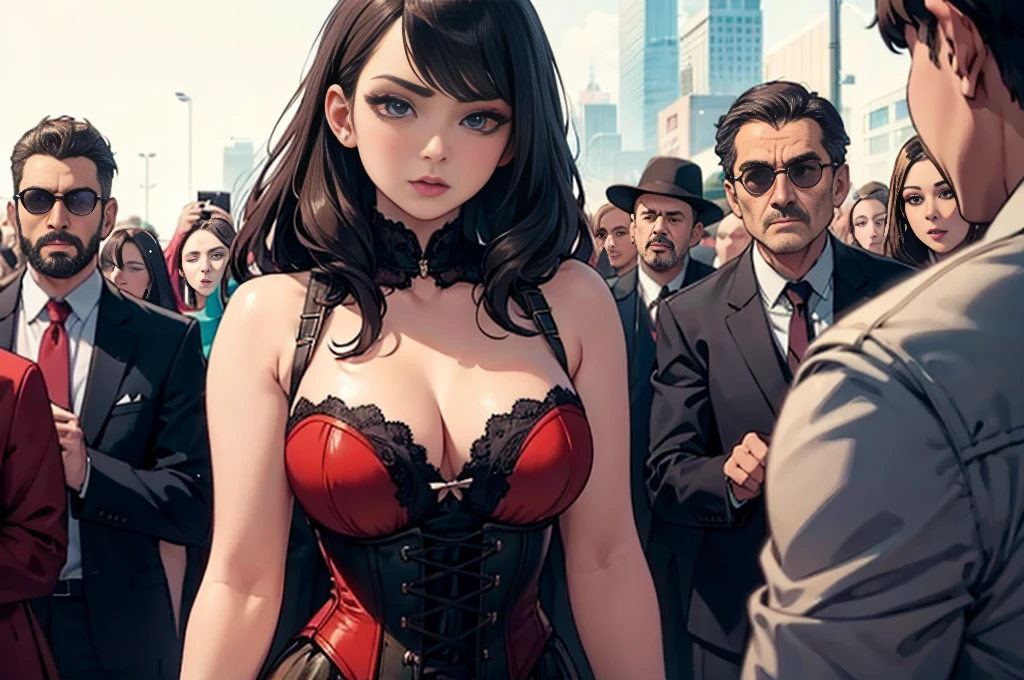 A woman wearing a corset dress and a crowd of people々Close up of, Edwards' poster art, Gold and copper armor, Mecha, 1970s, A face like Ester Exposito, 191970s 女性 生存, Keyframes, Dollpunk, Around his chest was a gold belt, Barbarella, Metal, Mechaanical, Mechaanical superstructure